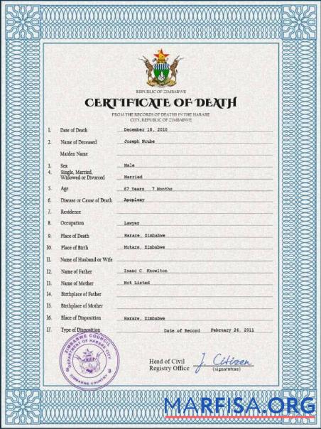 Downloadable Zimbabwe death certificate PSD template